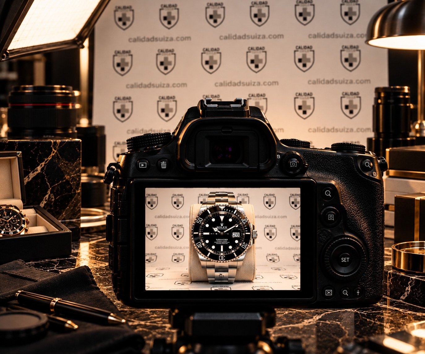 Cámara profesional fotografiando un reloj Submariner sobre el fondo de Calidad Suiza