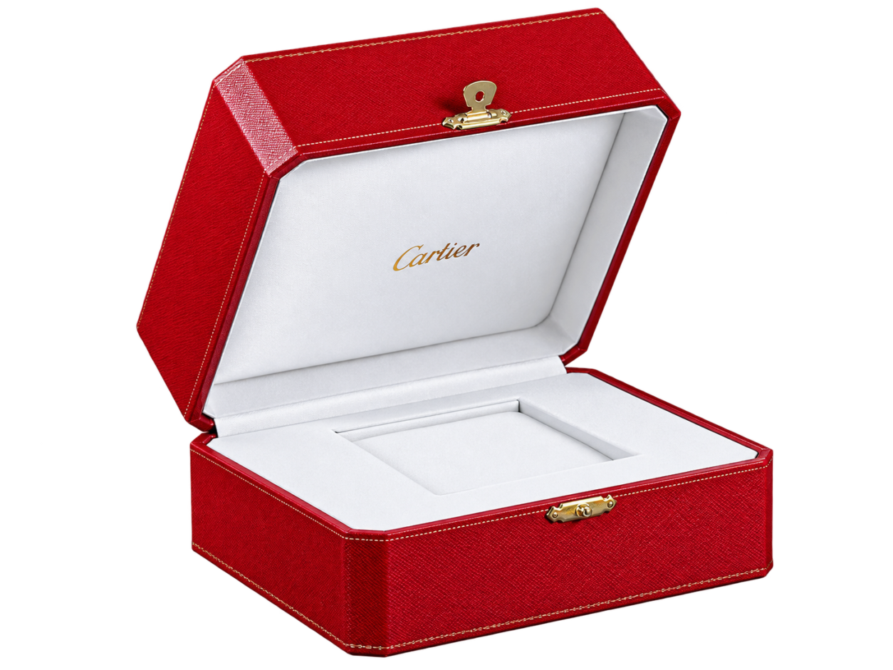 Caja Cartier roja abierta con interior blanco para reloj
