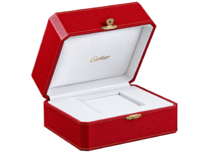 Caja Cartier roja abierta con interior blanco para reloj