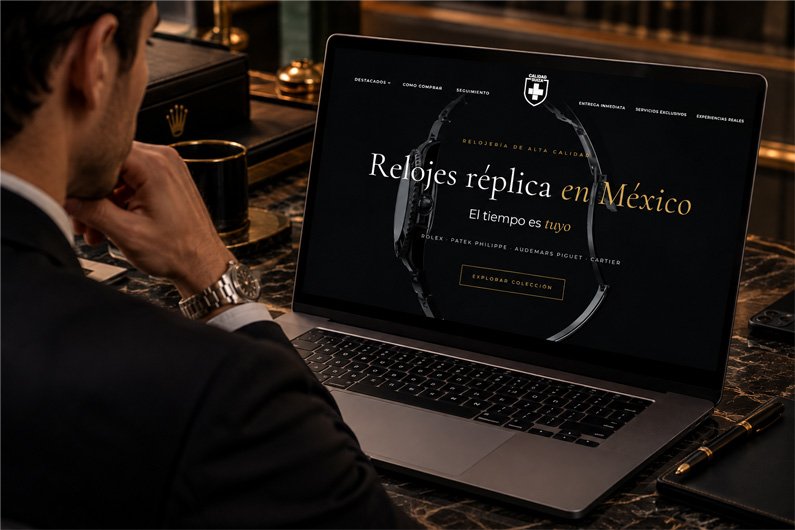 Cliente eligiendo un reloj en la página web de Calidad Suiza desde su laptop